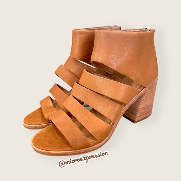 $338 Frye Tash Cognac Real Leather Cut Out Strappy Wood PeepToe Ankle Booties - Picture 13 of 13